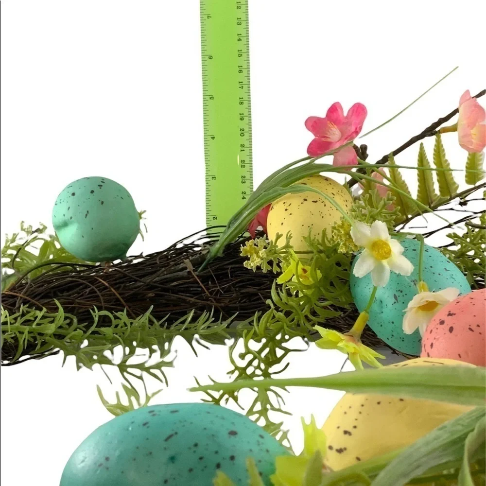 Spring Easter Egg Wreath 22” GrapeVine Stippled Pastel Eggs and Spring Flowers